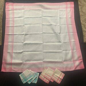 Vintage Plaid Cotton Tablecloth & Napkin Set in Pink & Aqua 48 inch